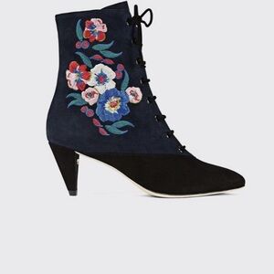 Tory Burch Cassidy Lace-Up Navy and Black Embroidered Bootie 37 / 7